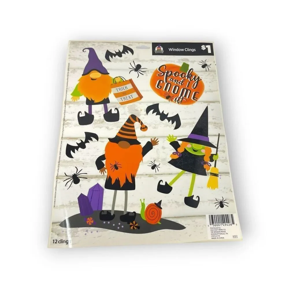 Vintage Halloween Print Window Clings Trick or Treat Ghost Pumpkin Gnomes Skelly